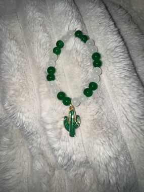 Green & White Beaded Bracelet with Cactus Charm